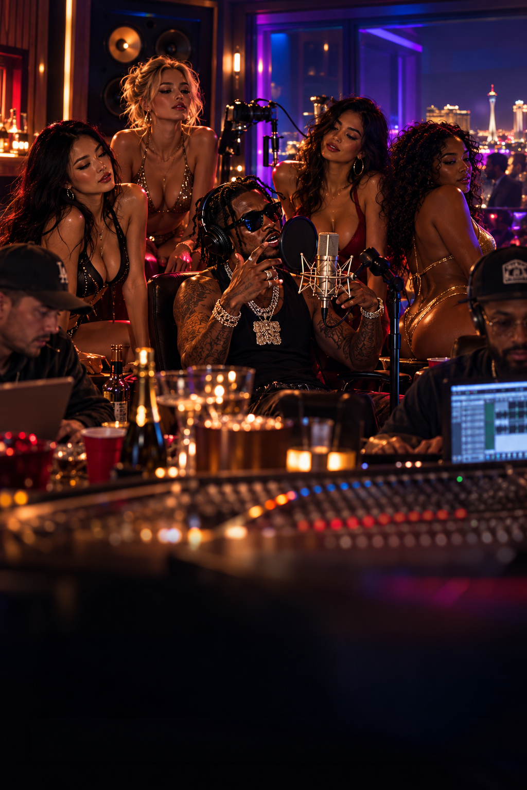 A neon-lit recording studio above the Strip, a late-night session that changes everything.