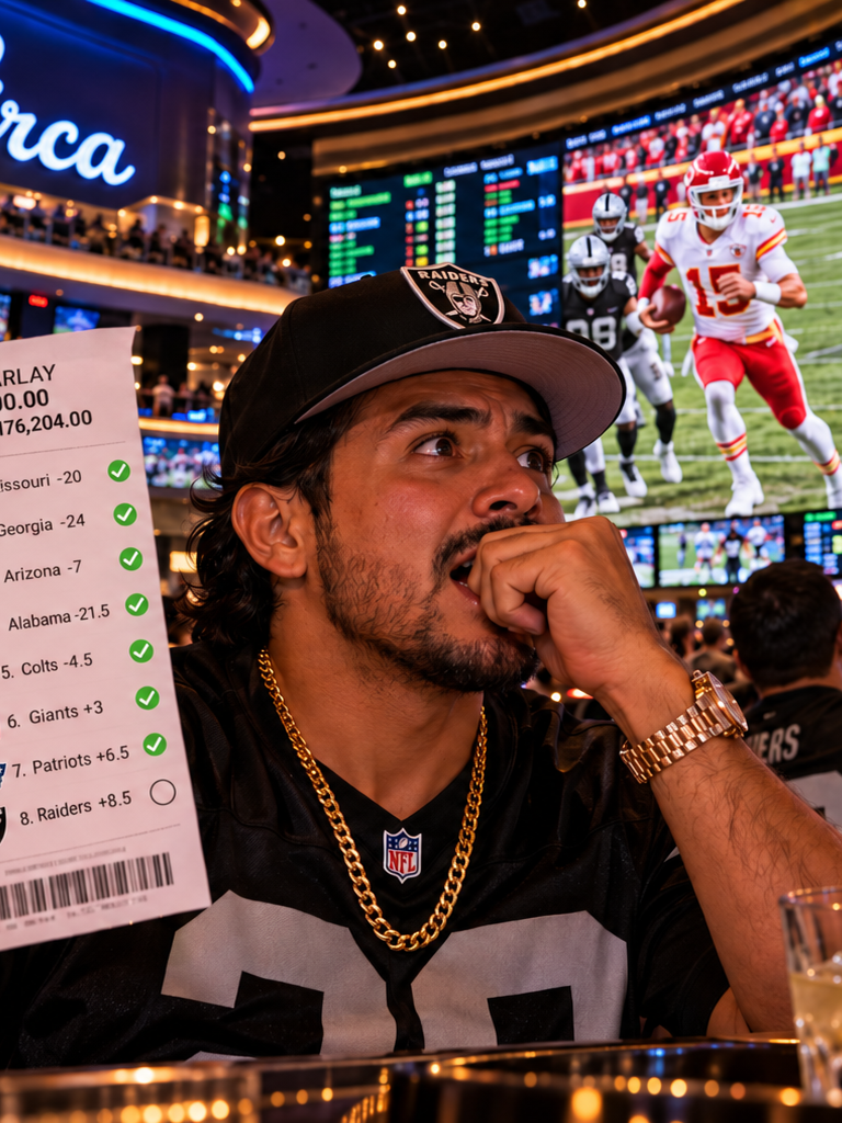 A man in a Raiders cap biting his knuckles at the Circa sportsbook, an 8-leg parlay slip in hand with seven green checks.