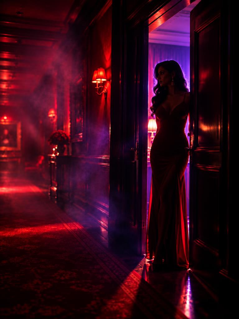 A dark hallway with a single illuminated doorway and a glamorous silhouette.