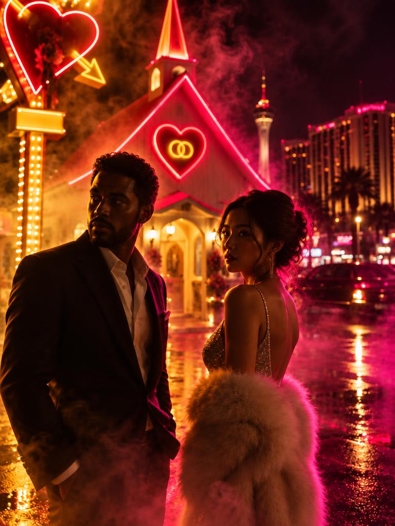 Two strangers outside a neon-lit wedding chapel, faces half in shadow.